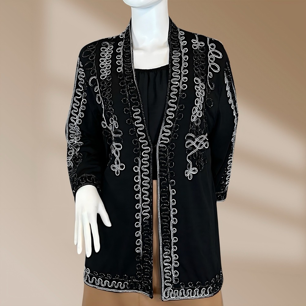 Once Again Knit Cardigan Sweater Women's XL Sparkle Embroidered Art To Wear